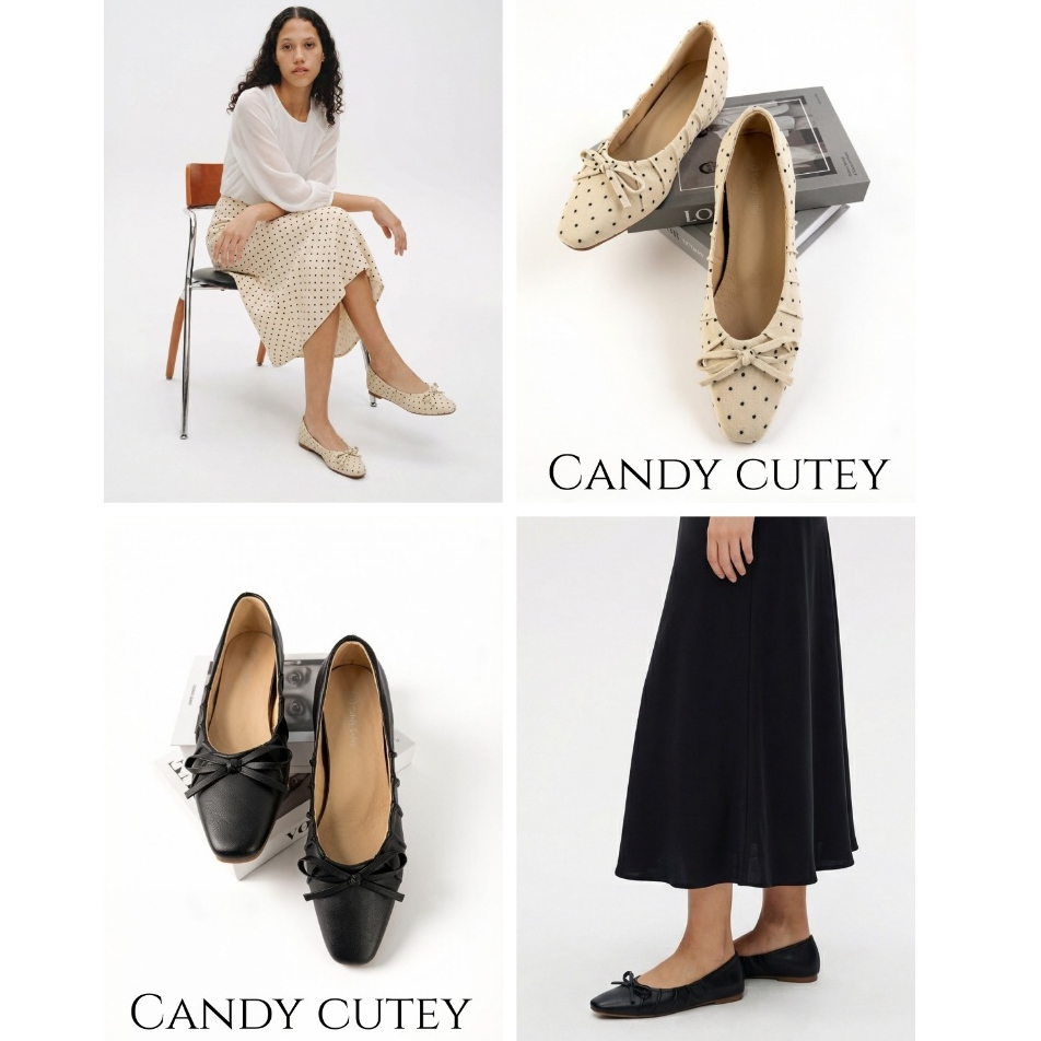 Candy Cutey รองเท้าแมรี่เจนสไตล์บัลเล่ต์ส้นแบน หัวเหลี่ยมแต่งโบว์ ใส่สบายไม่บีบเท้า เพิ่มความน่ารักขี้เล่นด้วยดีเทลงานจี