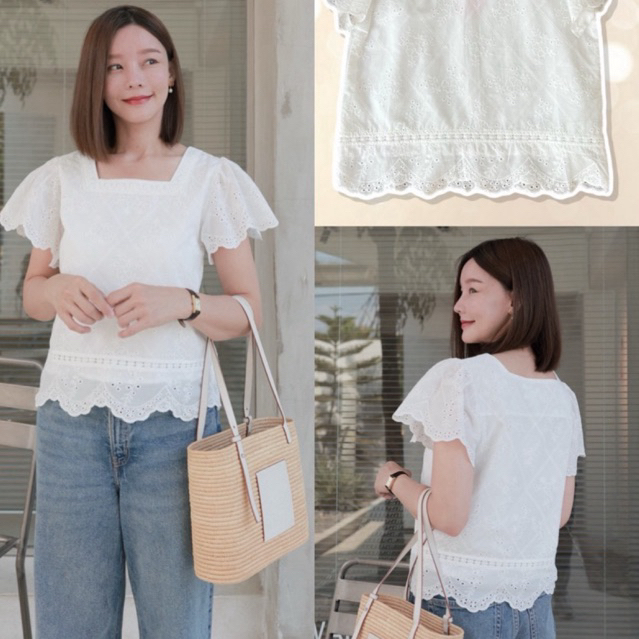 [ส่งด่วน] Password 6343 เสื้อแขนระบาย ผ้าคอตตอนปักดอกไม้ทั้งตัว