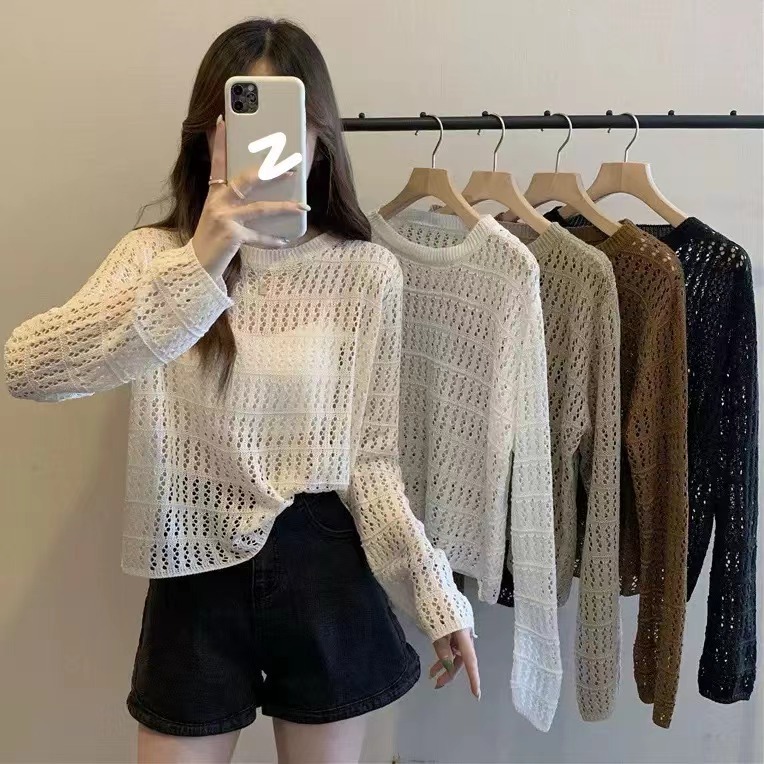 เสื้อสเวตเตอร์ถักโปร่งสำหรับผู้หญิง สไตล์บางเบาสำหรับฤดูร้อน สไตล์เกาหลีใหม่ แขนยาว ทรงหลวม กันแดด