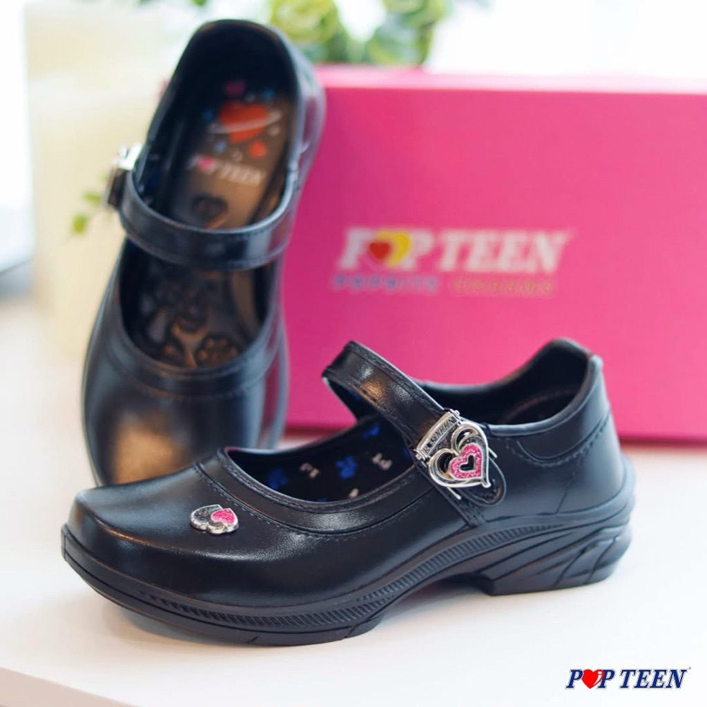 POPTEEN รองเท้านักเรียนหนังดำรองเท้านักเรียนเด็กผู้หญิง รุ่นPOP88