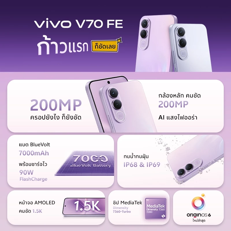 ใหม่! vivo V70 FE (8/12+256GB) วีโว่ CPU: Dimensity 7360-Turbo | OriginOS 6 | แบต BlueVolt 7000mAh + 90W thumbnail 3
