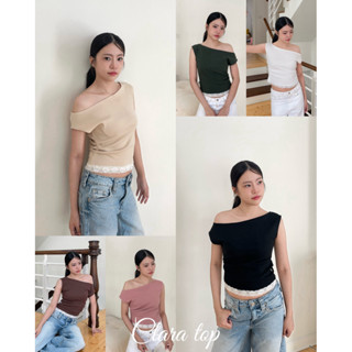 HASU59 Clara top เสื้อปาดไหล่จีบข้างเอวลูกไม้ (happysummer.b…