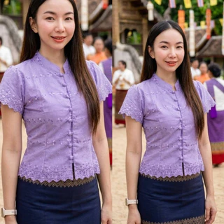 เสื้อลูกไม้มอญ คอจิตลดา #เสื้อลูกไม้