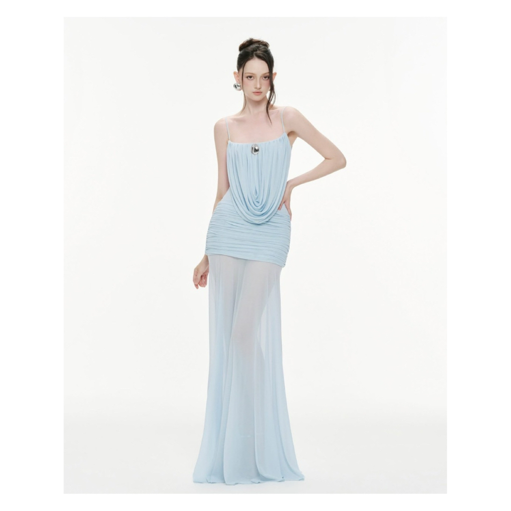 Blue Cowl-Neck Ruched Stretch Mesh Gown จากแบรนด์ Mollynista พร้อมส่งจากไทย