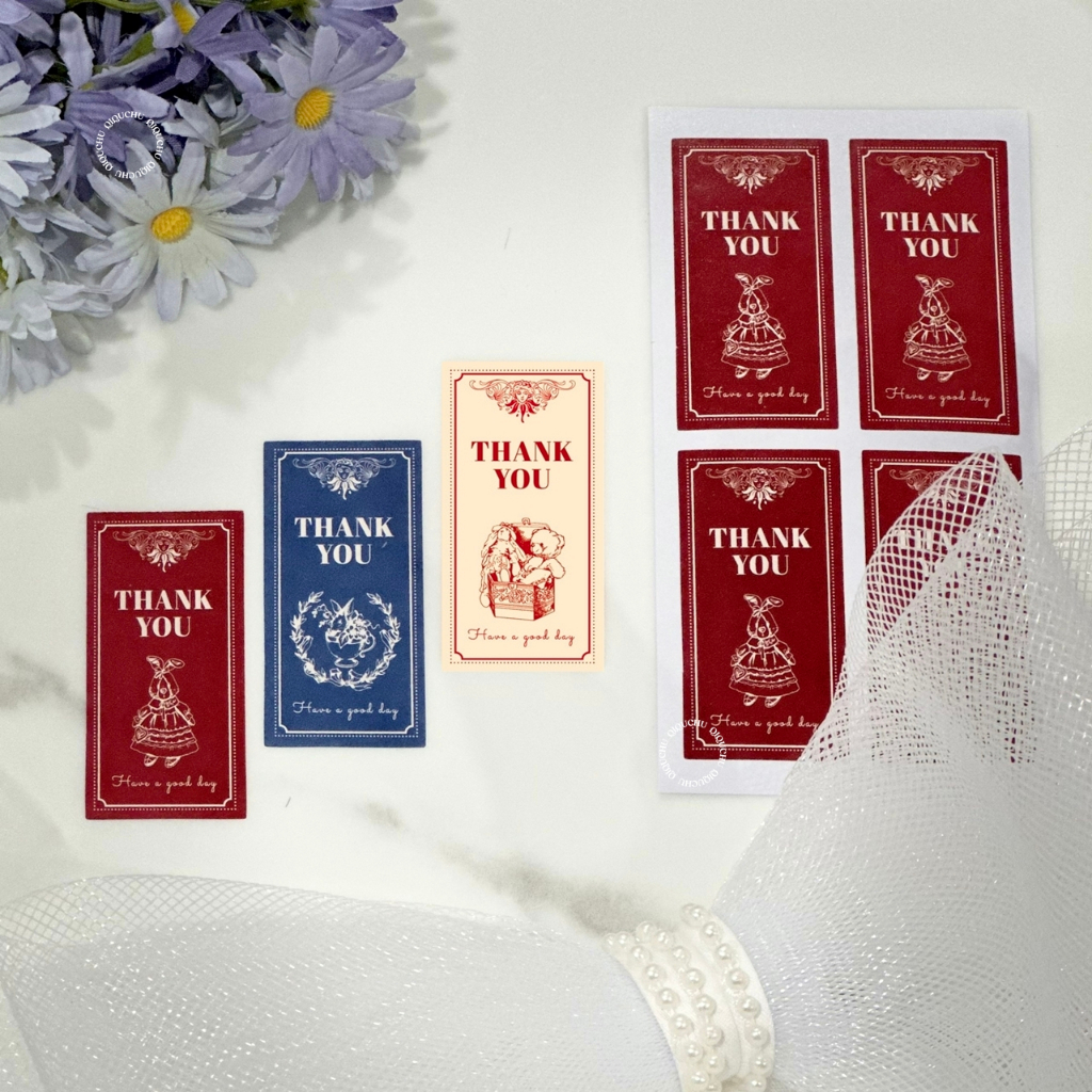 [พร้อมส่ง🇹🇭] สติ๊กเกอร์ 'Thank you' ชุด Vintage Cutie (แพค 100 ดวง) มีให้เลือก 3 ลาย