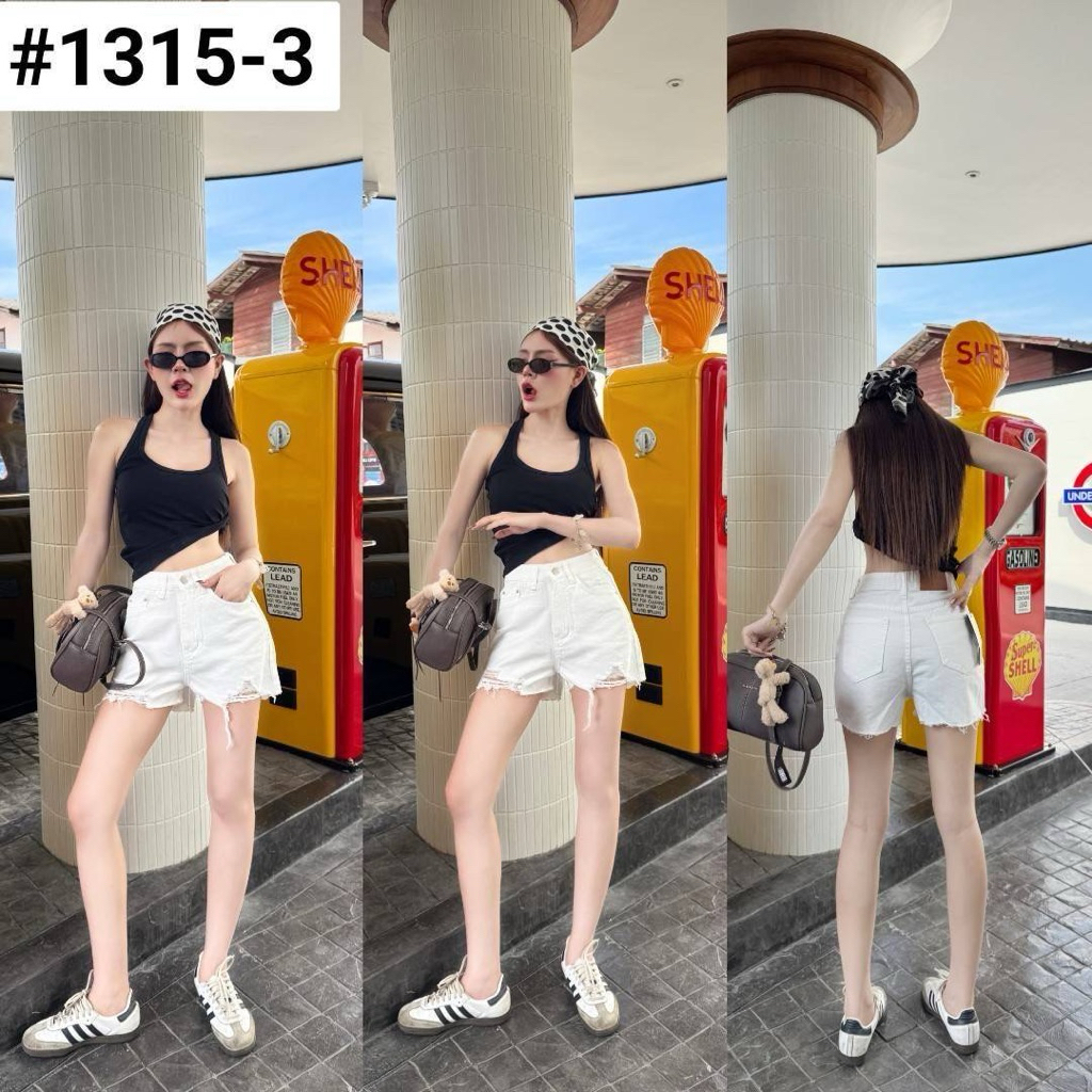 ป้าย vintage กางเกงขาสั้น เอวสูง แต่งขาด ผ้ายีนส์ไม่ยืด (S-XL)ทรงสวย ยาว 13 นิ้ว(1315)