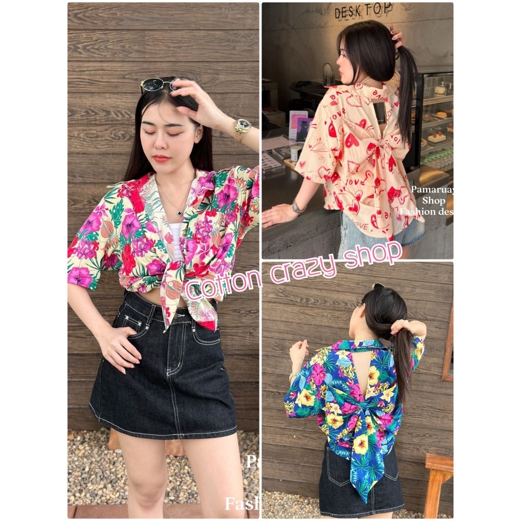 🌷Cotton🌷เสื้อเชิ้ตโบว์หลังลายดอกไม้🌷