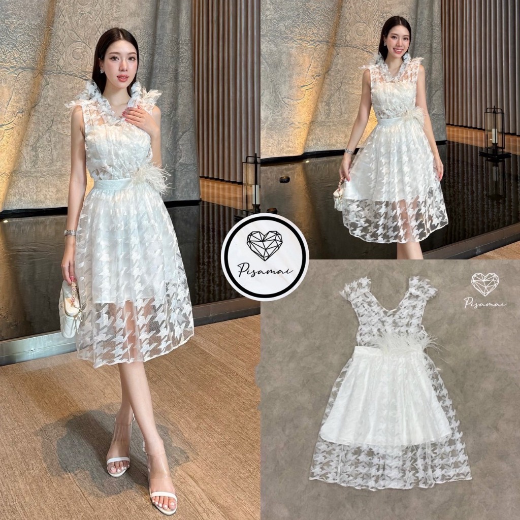 เช็คสินค้าก่อนสั่งซื้อPISAMAIเซ็ตเสื้อแขนกุดซีทรูสีขาวแต่งลายชิโนริ