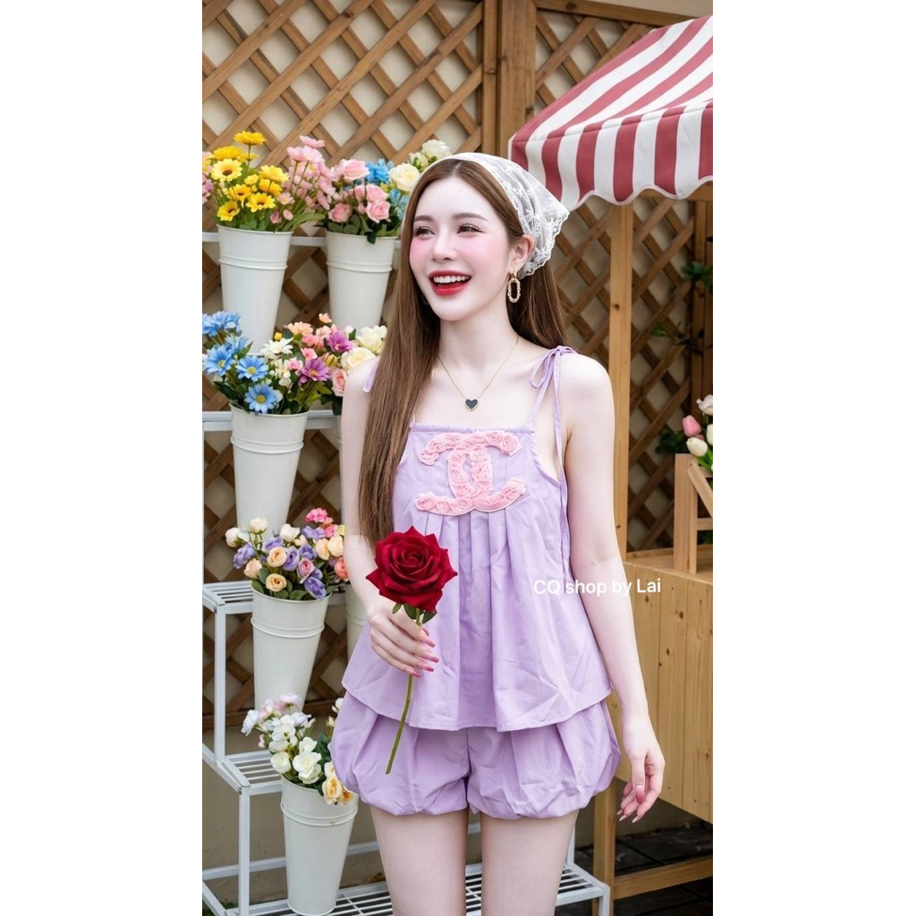 #Khnes Set 3ชิ้น เสื้อสายเดี่ยวผูกไหล่ กางเกงขาสี้นทรงบอลลูน คู่กับผ้าโพกผมแล้วดูละมุนมาก