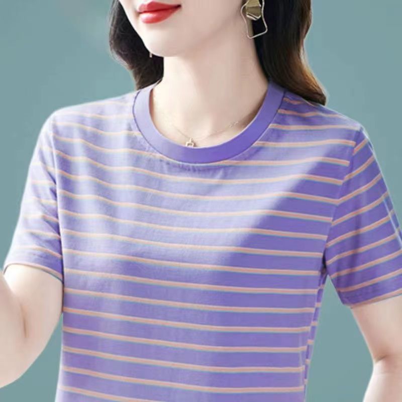 เสื้อยืดแขนสั้นคอกลมลายทาง สไตล์ใหม่สำหรับคุณแม่วัยกลางคนรับซัมเมอร์ เสื้อลายทางแฟชั่น ทรงหลวมใส่สบาย เหมาะกับทุกโอกาส