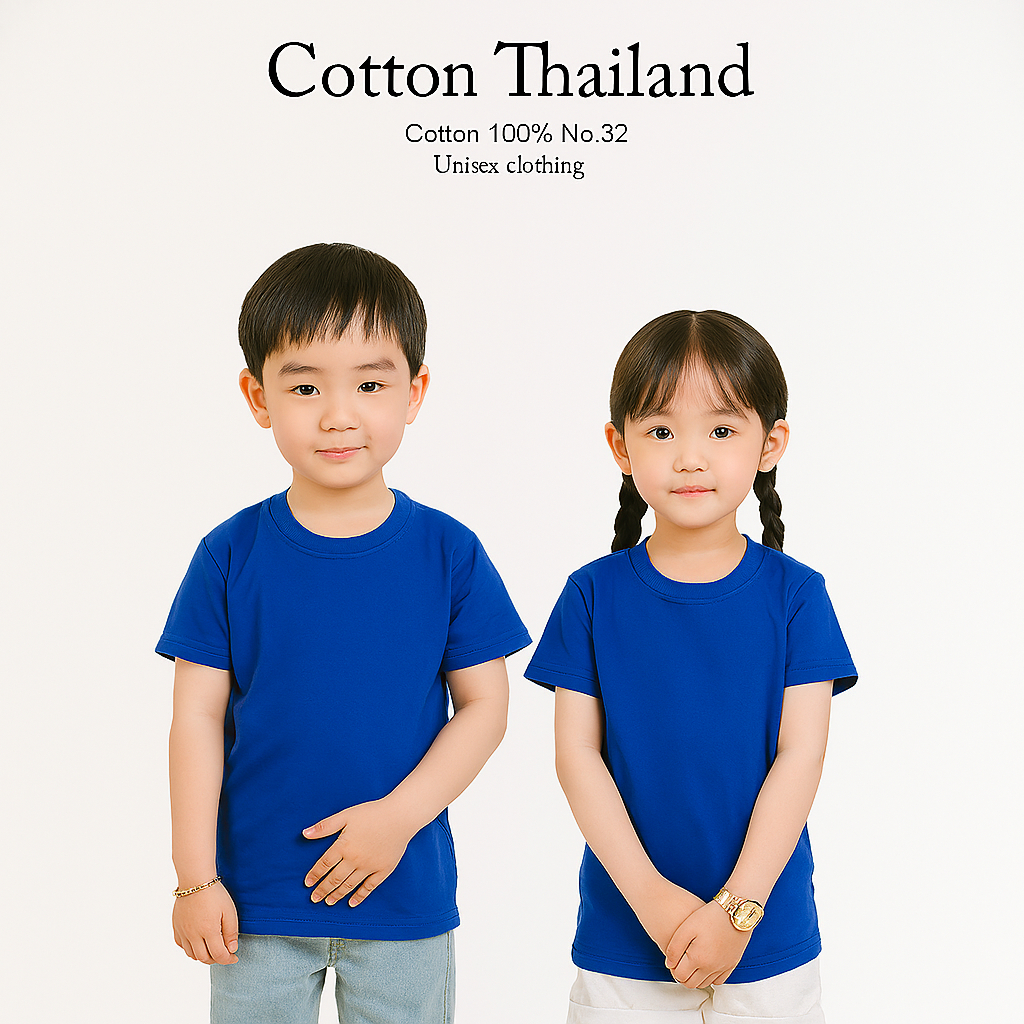 เสื้อยืดเด็ก Cotton แท้ 100% คอกลม แขนสั้น สีนํ้าเงินธงชาติ ใส่สบาย kid T-shirt