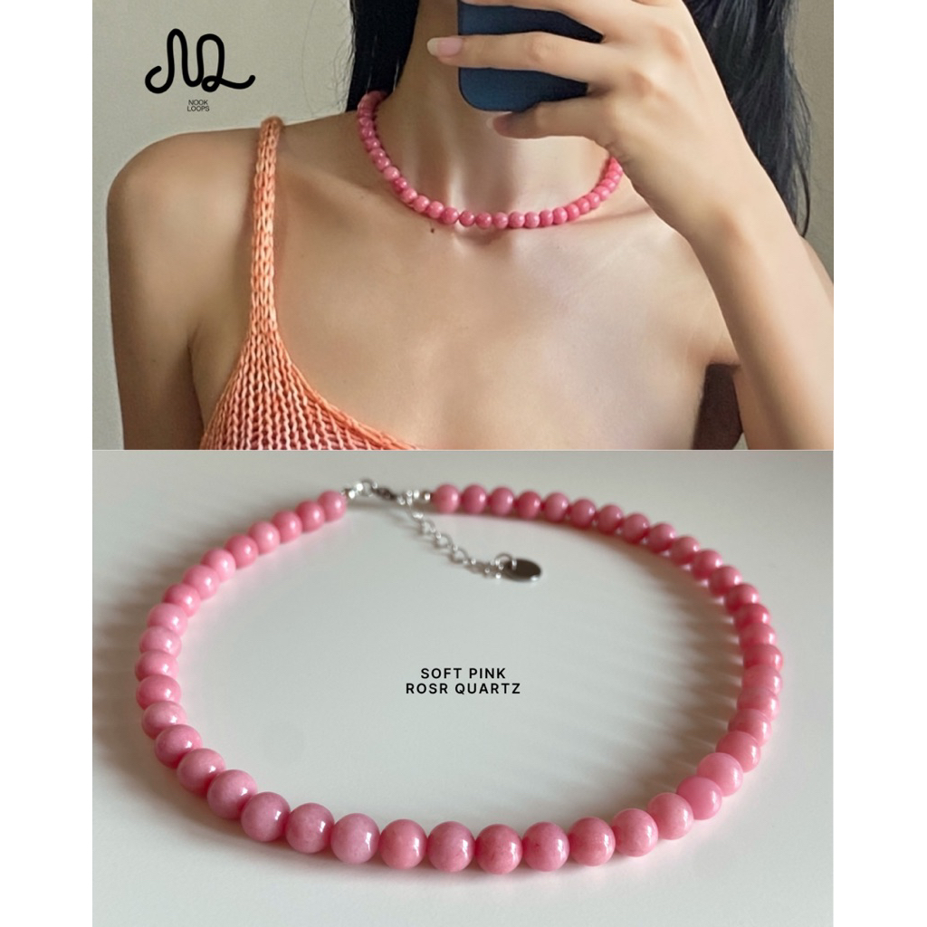 (พร้อมส่ง) Hopejarstore x Nookloops-Necklace (8mm) สร้อยคอลูกปัดหินสีชมพู/สีฟ้า/สีม่วงแดง/สีเงินหยดน้ำ🌷💗