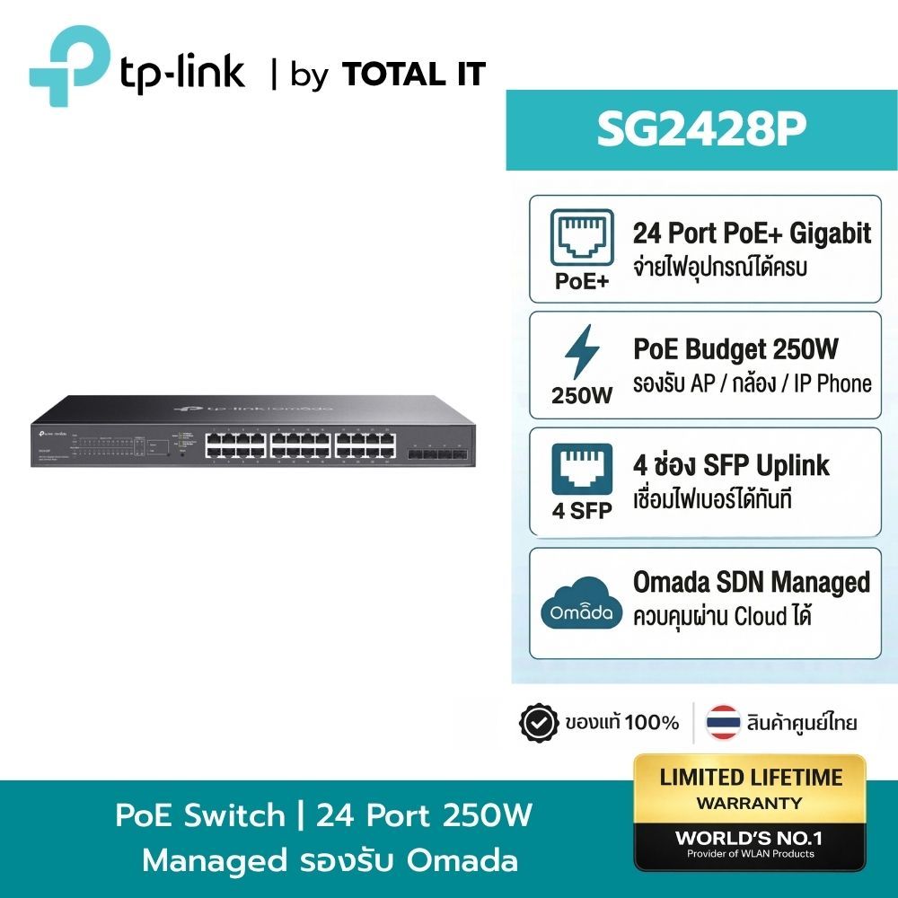 TP-Link SG2428P Switch Omada 24 พอร์ต Gigabit PoE+ 250W 4 SFP Smart Managed ประกันศูนย์