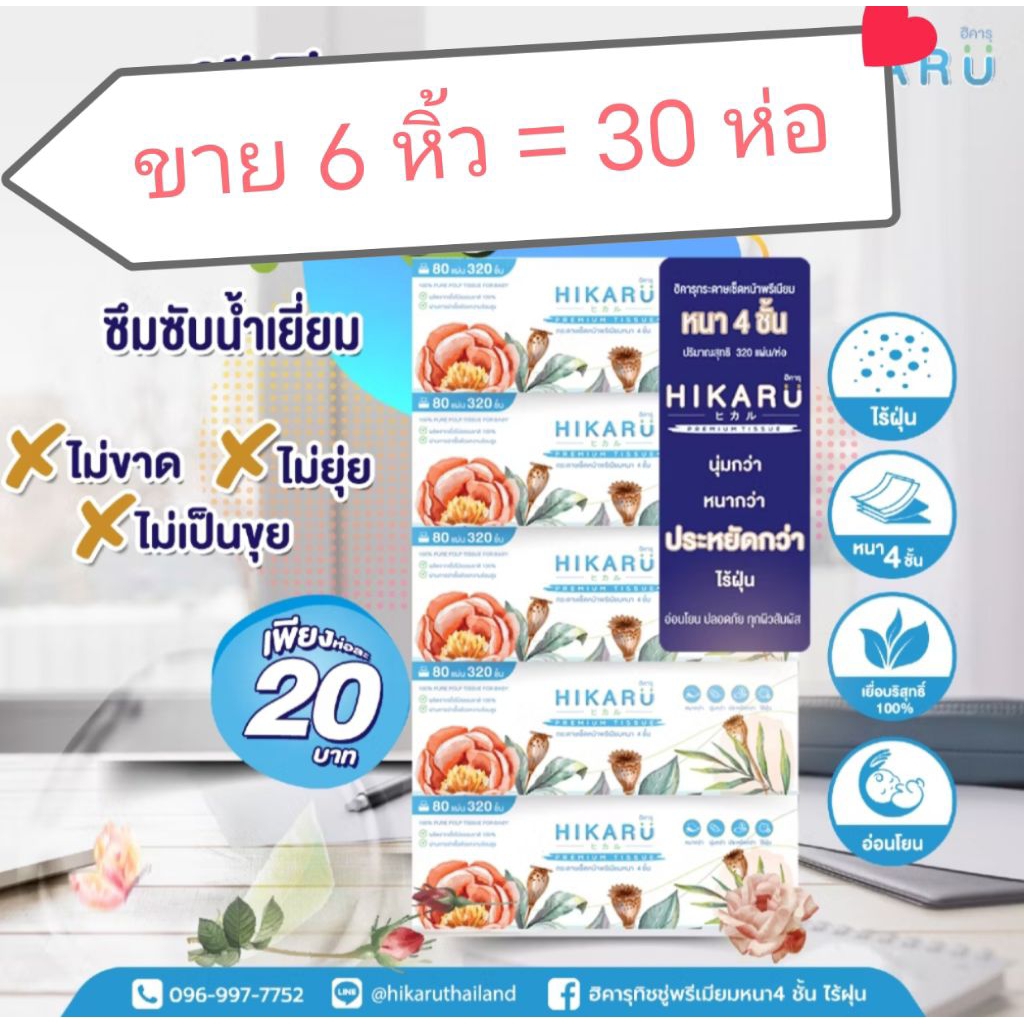 (ขายยก 6 หิ้วเท่ากับ 30 ห่อ)HIRARU ฮืคารุทิชชู่พรีเมี่ยมหนา 4 ชั้นไร้ฝุ่น 1 แพ็คหิ้วมี 5 ห่อปรับขนาดใหม่ใหญ่กว่าเดิม