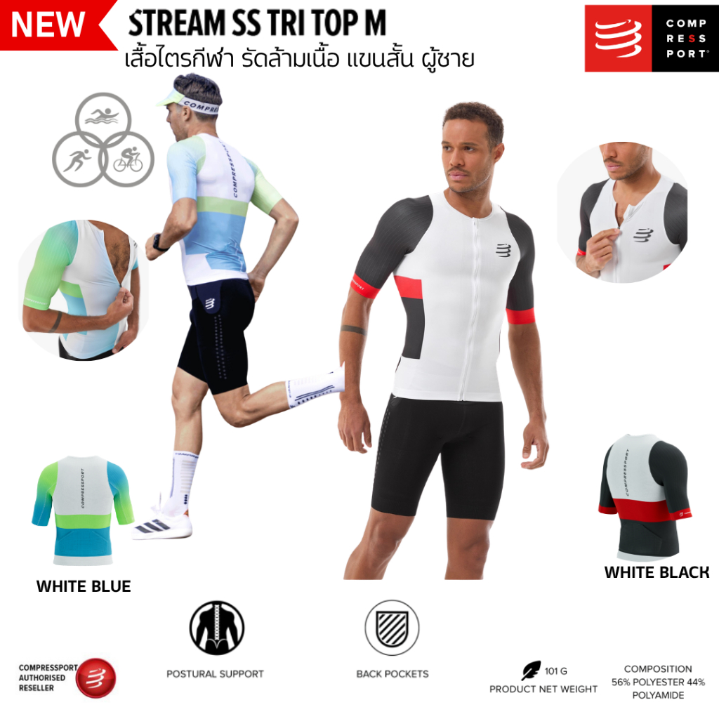 COMPRESSPORT  เสื้อไตรกีฬา รัดกล้ามเนื้อ แขนสั้น ผู้ชาย Stream SS Tri Top men's triathlon แอโร่ ซิปหน้า รุ่นใหม่