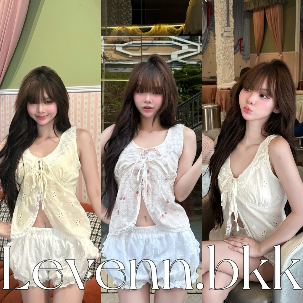 Levenn.bkk • kissy Top  เสื้อคอวีระบายคอ แขนเว้า แต่งลูกไม้ ผูกหน้า ดีเทลลูกไม้แน่น สวยมาก แมทง่าย น่ารักเซ็กซี่