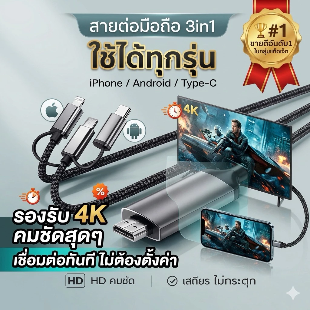 สายต่อมือถือขึ้นทีวี 3in1 สายเคเบิลข้อมูลเหมาะสำหรับ ios/android/type-C แชร์หน้าจอมือถือบนทีวี ต่อมือถือเข้าtvยาว2เมตร