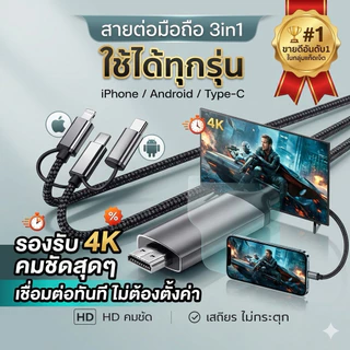 สายต่อมือถือขึ้นทีวี 3in1 สายเคเบิลข้อมูลเหมาะสำหรับ ios/android/type-C แชร์หน้าจอมือถือบนทีวี ต่อมือถือเข้าtvยาว2เมตร