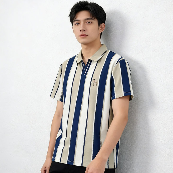 เสื้อโปโลคอVผู้ชายลายทางแนวตั้ง สไตล์สตรีทวินเทจ ฤดูร้อนใหม่ ใส่สบาย