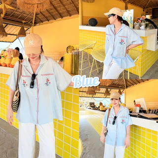 SUNKISSED SHIRT เสื้อเชิ้ตผู้หญิงโอเวอร์ไซส์แขนสั้น ปักลายกระเป๋า เสื้อเชิ้ตเกาหลี เสื้อคลุมผู้หญิง ผ้านุ่มใส่สบาย