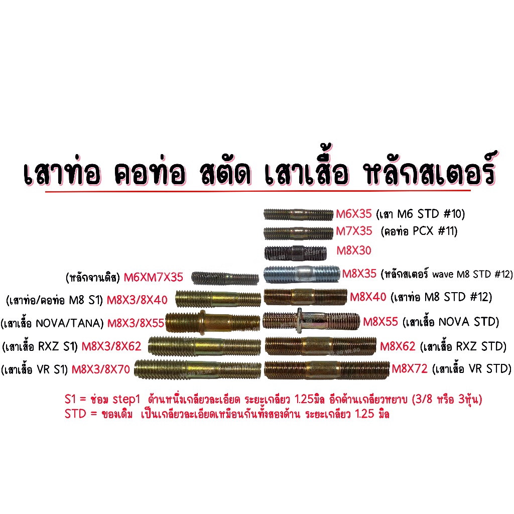 น็อตเสาเสื้อสุบ คอท่อ หลักจานดิส จานดิส หลักสเตอร์หลัง สตัล  ขนาด M6-M7  M6   M7  M8  M10 M8-เบอร์13