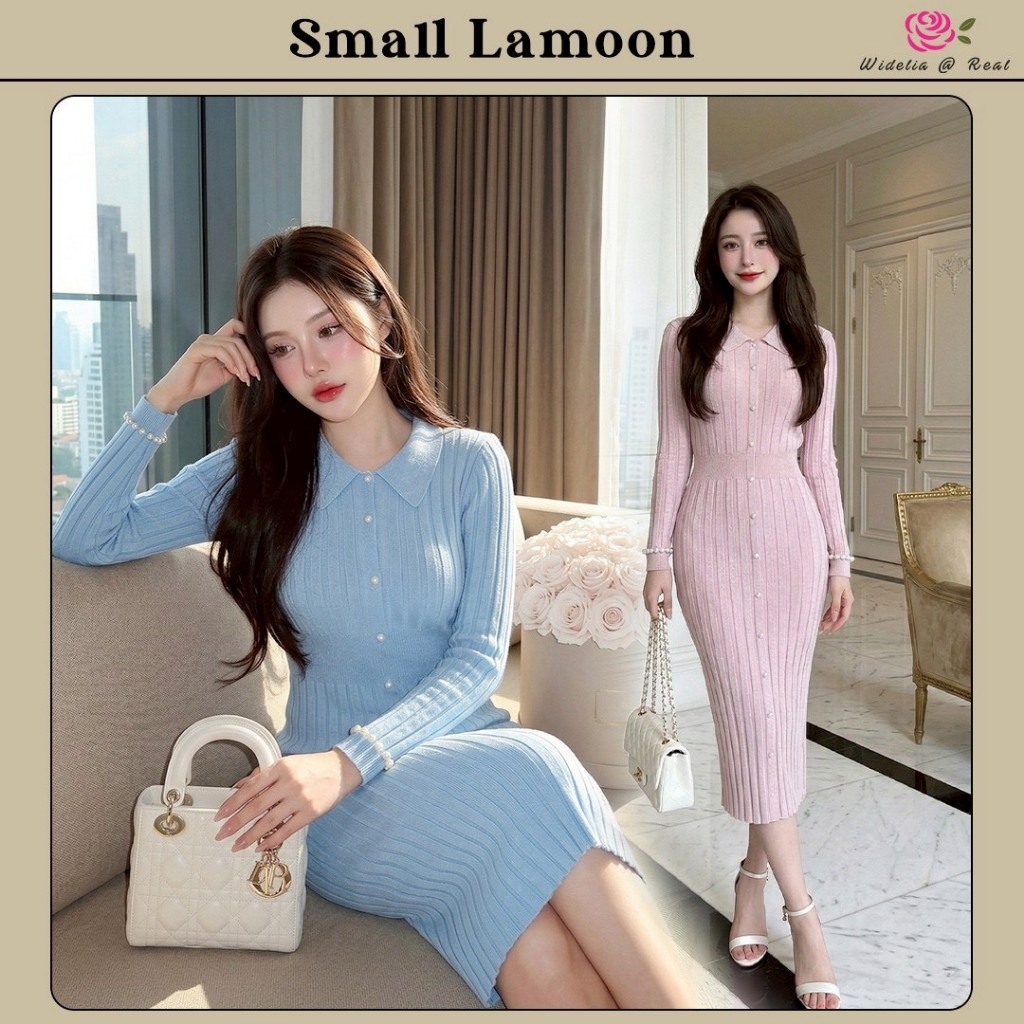 (งานป้ายแฟชั่น) มี 2 สี Small Lamoon Dress เดรสผ้าทอไหมพรมทรงเข้ารูปแขนยาวกลิตเตอร์ สวมหัว ผ้านิ่มใส่สบาย แขนยาว