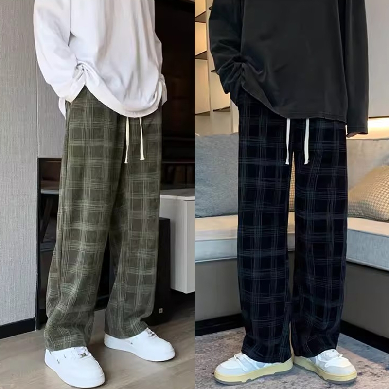 กางเกงลายสก็อต กางเกงขายาว ปรับเอวด้วยเชือก ผ้าฝ้าย ทำงาน เย็น เสื้อคนอ้วน กระบอกใหญ่ ระบายอากาศ เกาหลี ใส่สบายทุกวัน