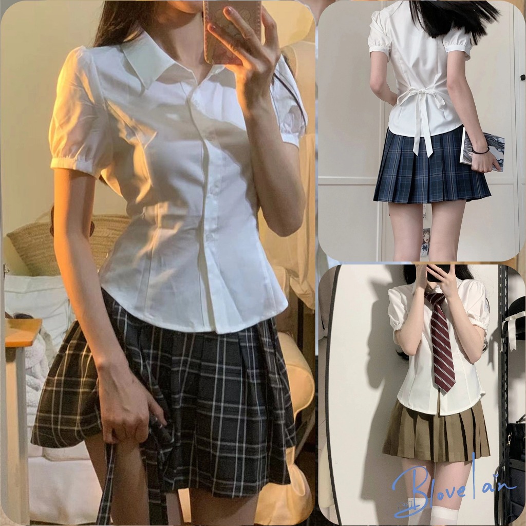 เสื้อเชิ้ตแขนสั้นแขนพองสีขาว สีเรียบกระชับสัดส่วน เสื้อเชิ้ตผู้หญิงคอปกโปโล สีขาว แฟชั่นฤดูร้อน สําหรับผู้หญิงins