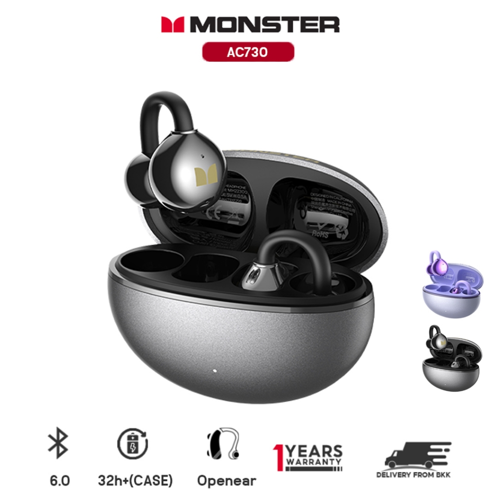 Monster AC730 หูฟังบลูทูธไร้สายแบบหนีบหู หูฟังเปิดเสียง เสียงใส เบสหนักแน่น สบายระหว่างการออกกําลังกาย การออกแบบ ที่หนีบ