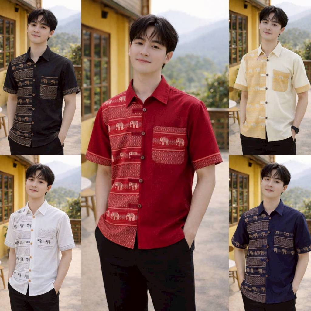 เสื้อผ้าฝ้ายคอเชิ้ตชาย - ตกแต่งด้วยลายช้างไทย