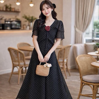 พร้อมส่ง🇹🇭[รหัสPD97] Polkadot Rose Dress ชุดเดรสผ้าชีฟองลายจุด +แถมเข็มกลัดดอกไม้ความยาว47นิ้ว