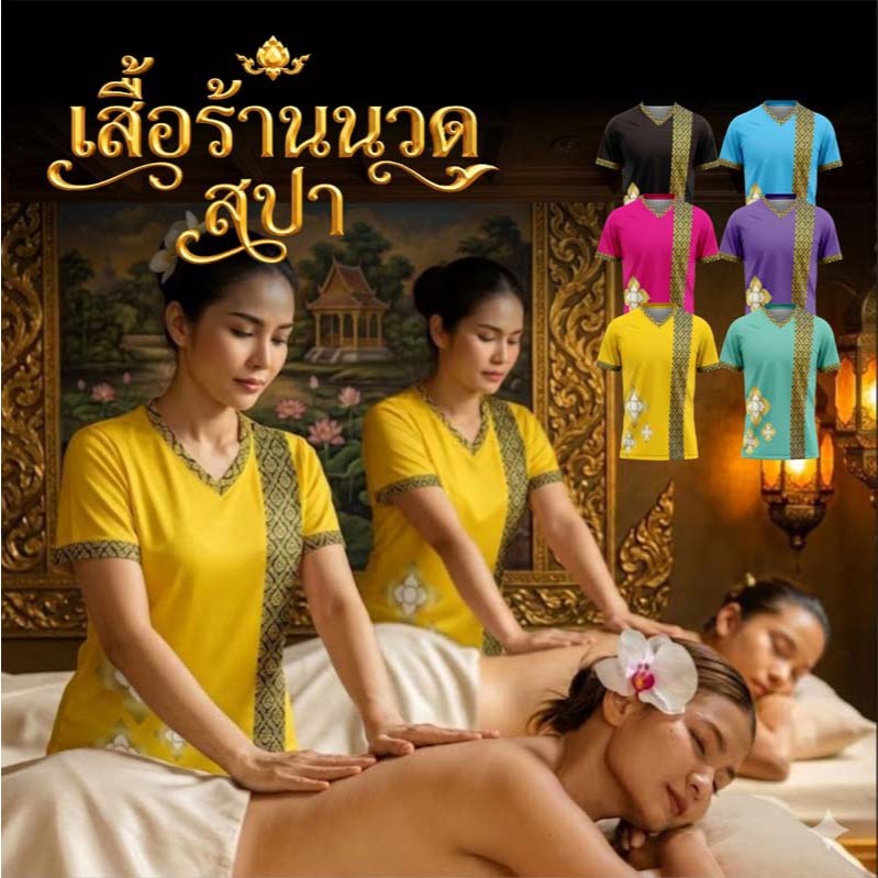 เสื้อร้านนวดสปา (VSP-022) เสื้อลายไทย คอวีแขนสั้น
