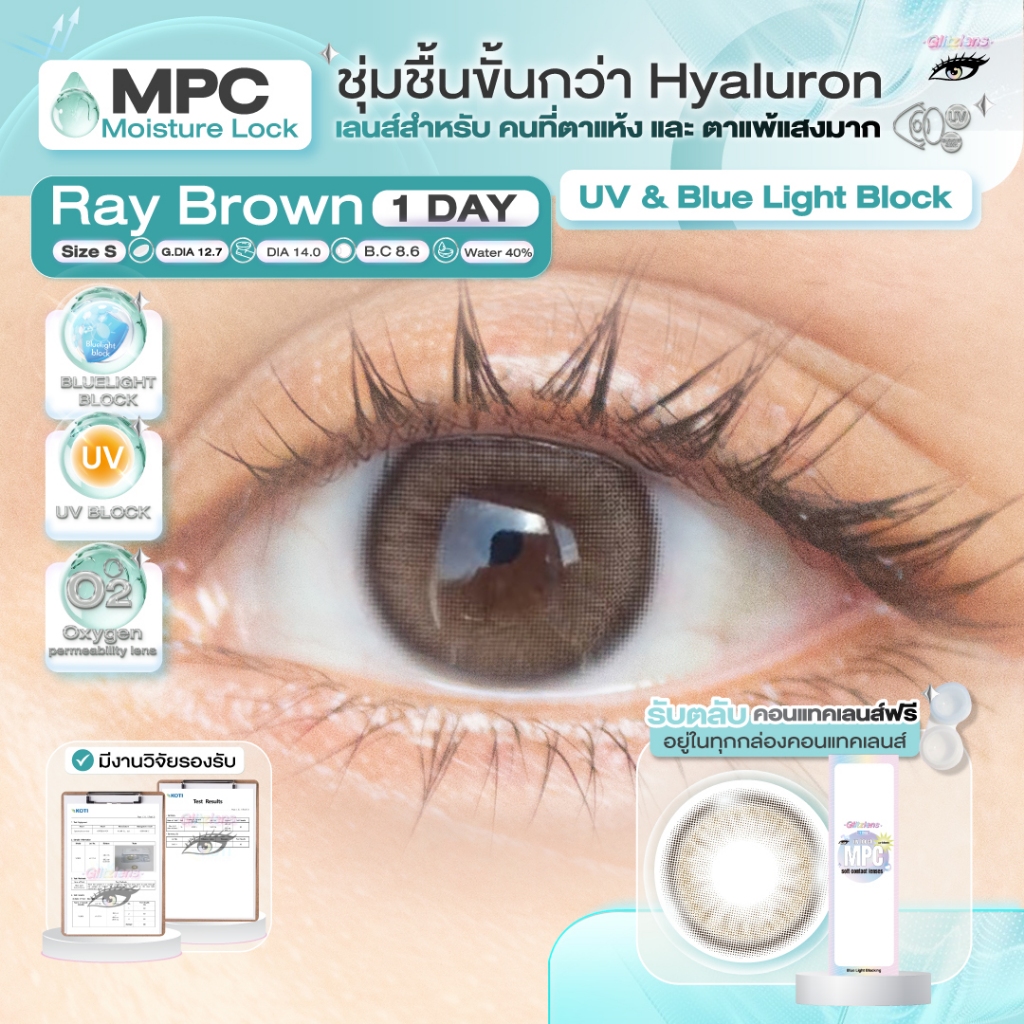 Glitzlens คอนแทคเลนส์รายวัน (1 Day) วัสดุ MPC กันแสงสีฟ้า/UV รุ่น Ray มี 2 สี วัสดุใหม่ชุ่มชื้นกว่า 