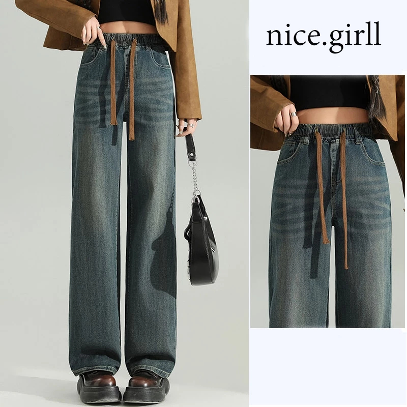 S~5XL Elastic waist design Retro blue กางเกงยีนส์ทรงตรงเอวสูงสุดอินเทรนด์ กางเกงยีนส์ลำลองทรงหลวมเอวสูง HOT