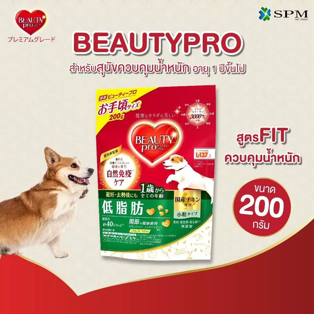 BeautyPro อาหารเม็ดสุนัขพรีเมียม สูตร Fit ควบคุมน้ำหนัก อายุ 1 ปี+ ขนาด 200g. ไขมันลดลง 40%