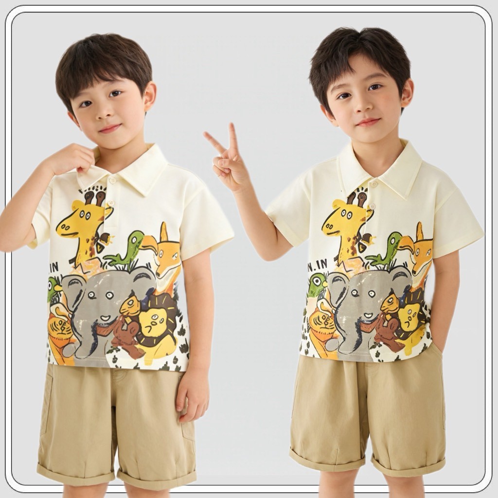MC234 ชุดเซตเด็กผู้ชายลายสัตว์ เสื้อโปโล + กางเกงขาสั้น น่ารักมาก