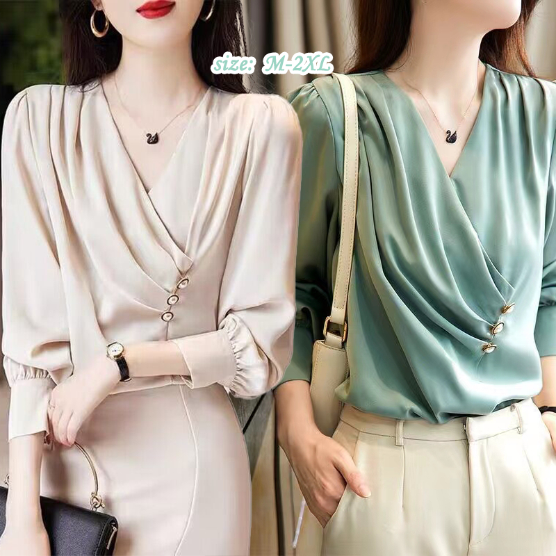 w713  เสื้อเชิ้ตผ้าแซทเทนสไตล์ฝรั่งเศส ไซส์ใหญ่หรูหรา ทรงรัดเอวคอวี ช่วยลดรูป สวมใส่เป็นเสื้อในได้ คอลเลคชันฤดูใบไม้ผลิ