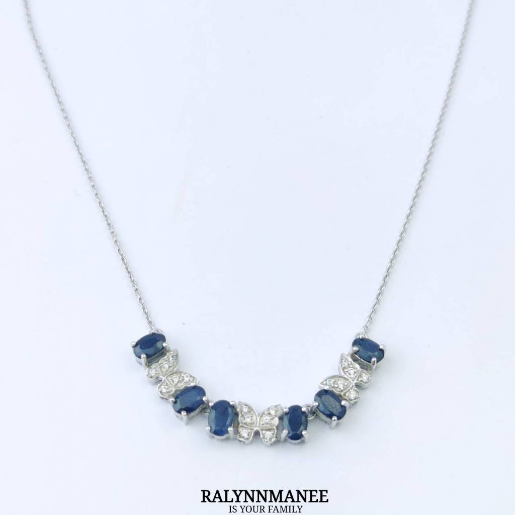 NK005 สร้อยคอพลอยไพลินแท้ ( Natural Blue Sap. ) ตัวเรือนเงินแท้ 925 ชุบทองคำขาว ยาว 18 - 20 นิ้ว