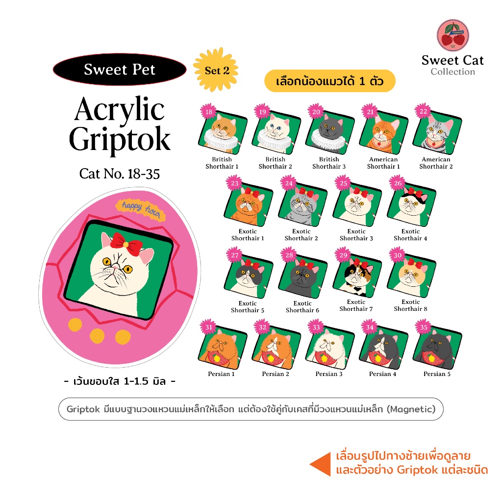 Acrylic Griptok Sweet Pet 2 ติดหลังโทรศัพท์ มีฐานกาว ฐานวงแหวนแม่เหล็ก Magnetic ให้เลือก น้องแมว Cat ทามาก็อต อะคริลิค – โปรปัง
