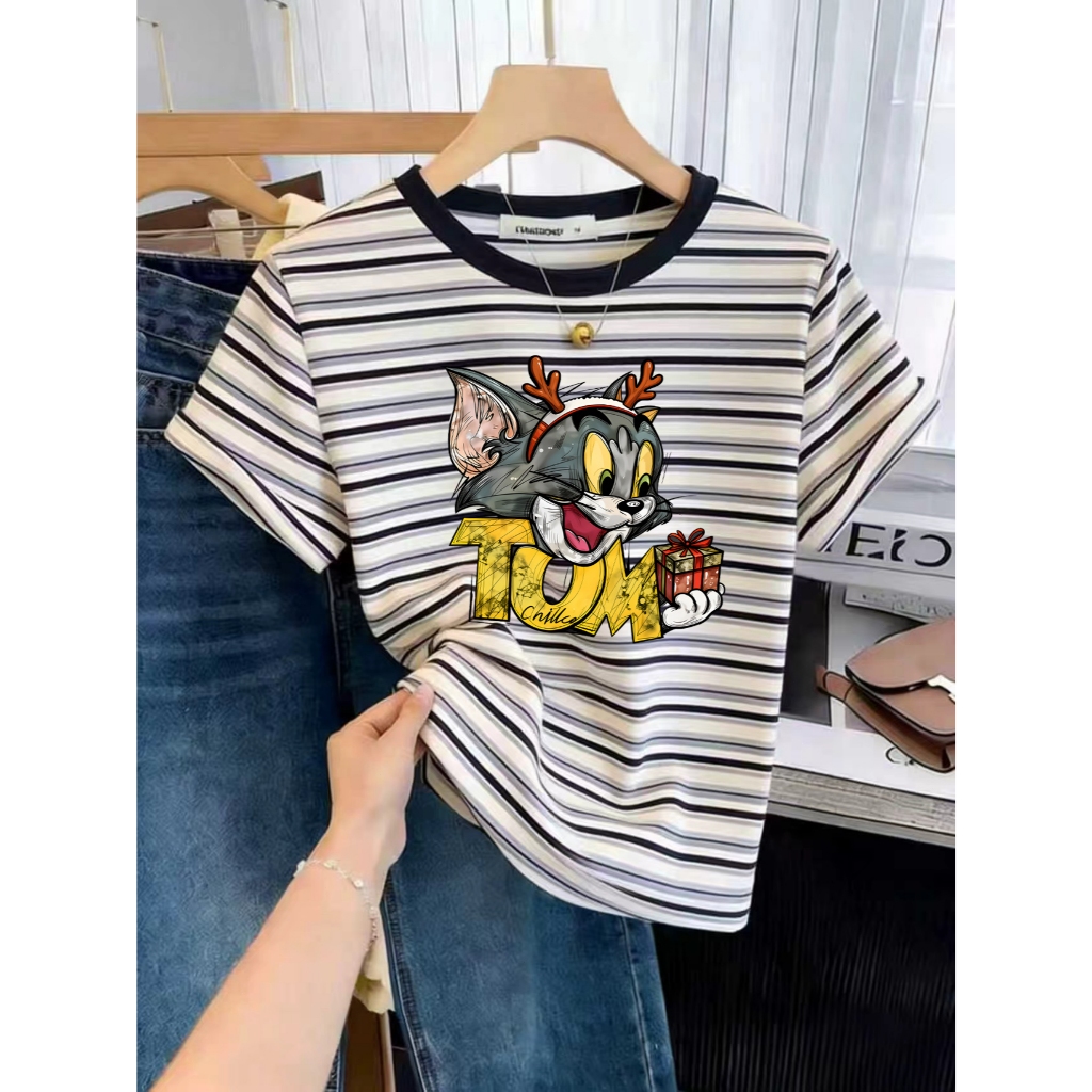 เสื้อยืดลายทางลายสุนัขสุดน่ารัก สไตล์เกาหลี ผ้าคอตตอนคุณภาพดี M-3XL ใส่สบายไม่ร้อน เหมาะใส่ทุกวัน