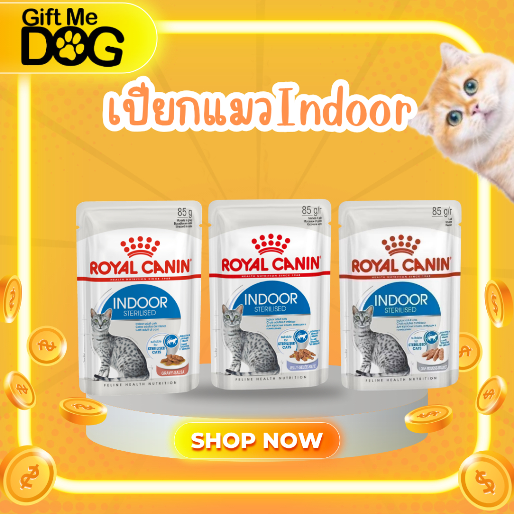 Royal Canin Pouch Indoor Sterilized อาหารเปียกแมวสูตรเลี้ยงในบ้านเกรวี่,เยลลี่,โลฟ ยกโหล