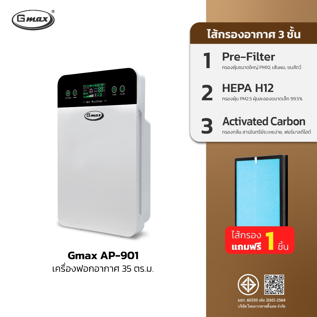 Gmax เครื่องฟอกอากาศ พื้นที่ 35 ตรม. มีหน้าจอLCD รุ่น AP-901 กรองอากาศ H12 กรองฝุ่นPM2.5