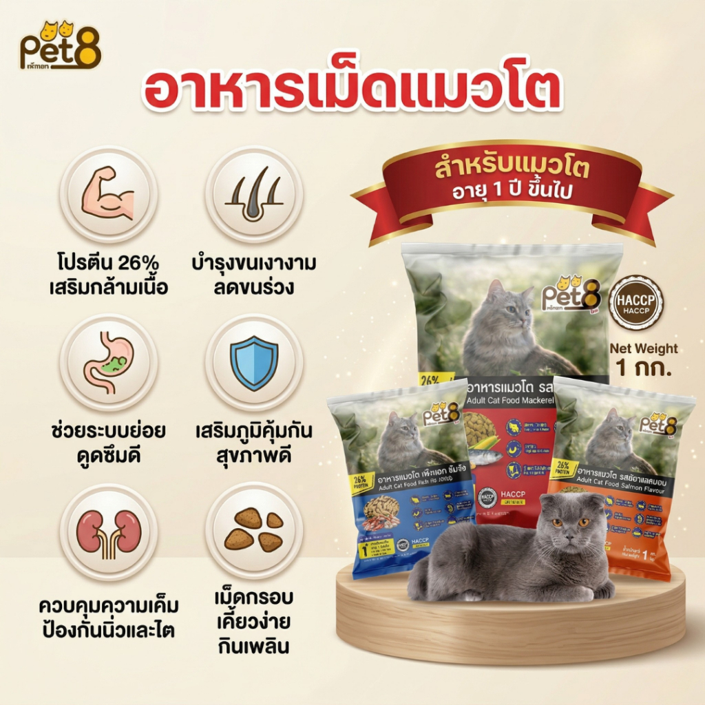 Pet8 อิ่มจัง อาหารแมวโต 1kg สูตรควบคุมความเค็ม โปรตีน 26% ป้องกันนิ่วและไต อาหารแมว