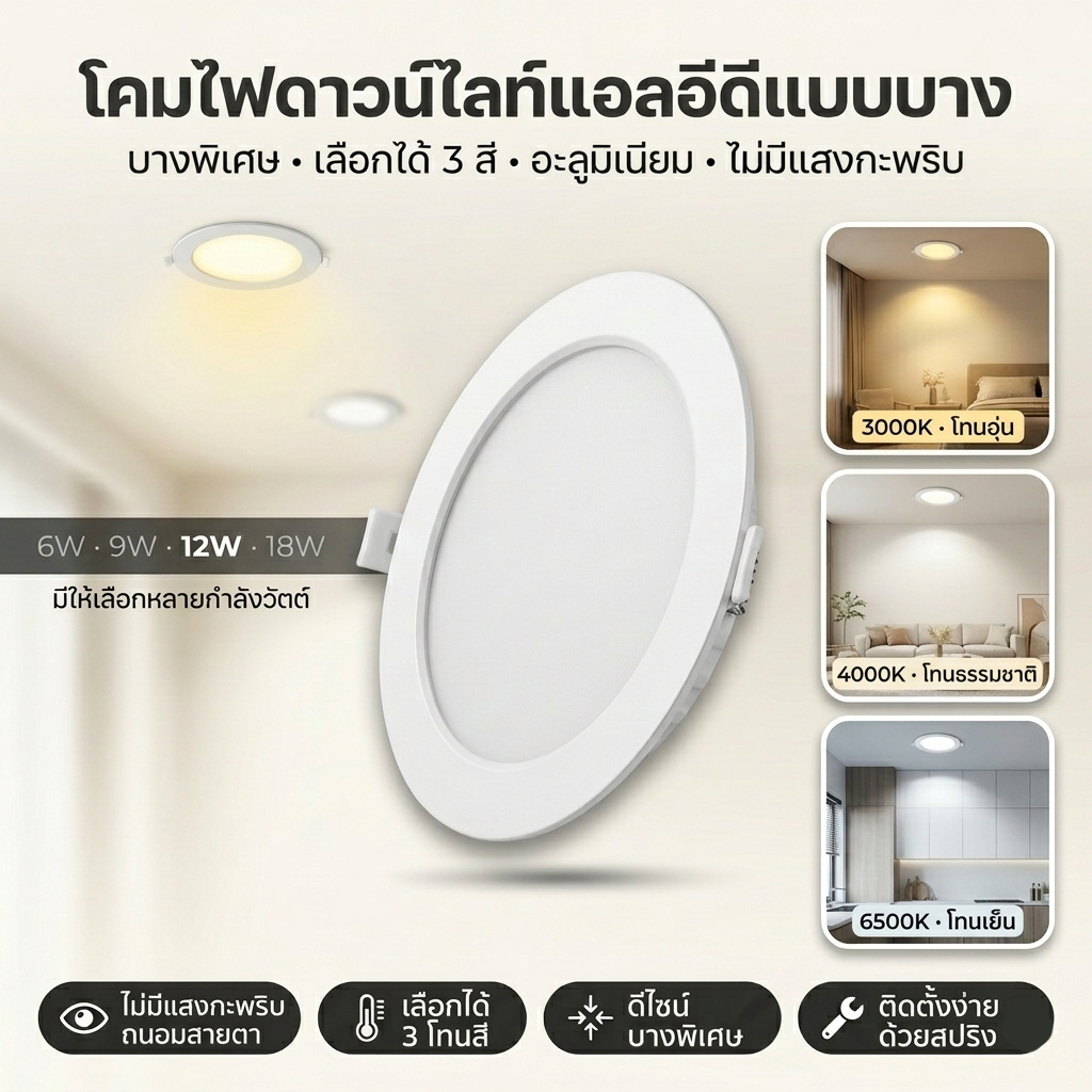 โคมดาวน์ไลท์ LED 3 สี ฝังฝ้า 6W 9W 12W 18W ไฟเพดาน Downlight ประหยัดไฟ ติดตั้งง่าย โคมไฟ