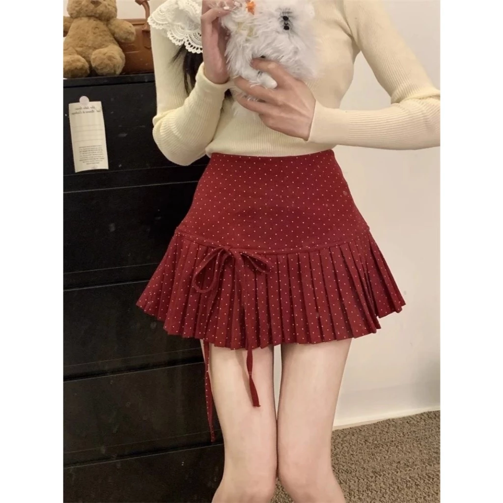 [Sheing office]🌟พร้อมส่ง🌟กระโปรงสั้นทรงเอไลน์เอวสูงลายจุดผูกโบว์สำหรับผู้หญิง มีซับในเพื่อป้องกันปัญหากระโปรงหลุดลุ่ย