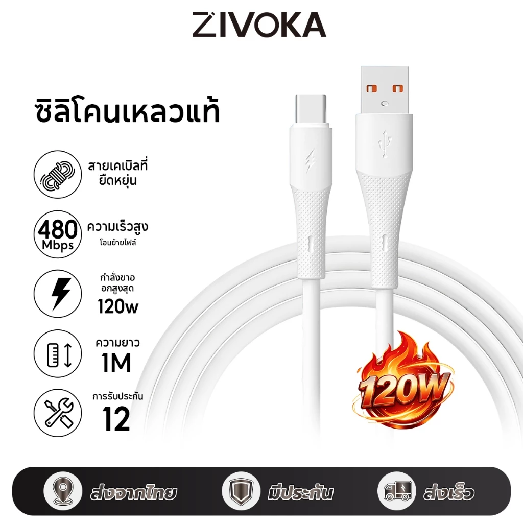 ZIVOKA สายชาร์จเร็ว 60W USB-A to C สายถักคุณภาพสูง รองรับ 5A ถ่ายโอนข้อมูลเร็ว 480Mbps ZDC120A-C