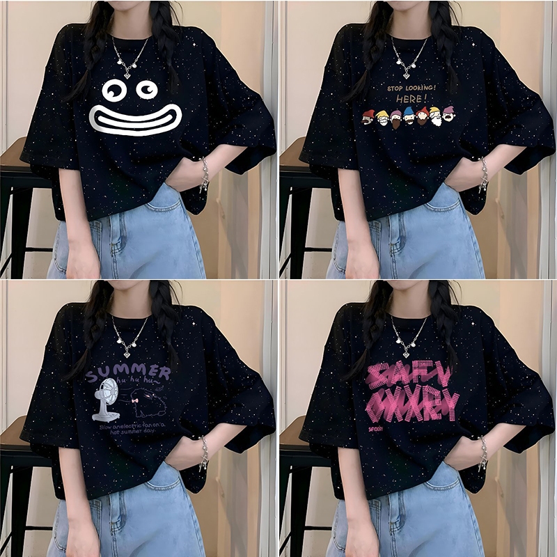 สื้อครอปสาวอวบไซส์ใหญ่ Oversize เสื้อผ้าสาวอวบ เสื้อยืดแฟชั่นผู้หญิงแบบหลวมสไตล์เกาหลี สกรีนลายวินเทจเท่ๆ กําลังฮิตใหม่