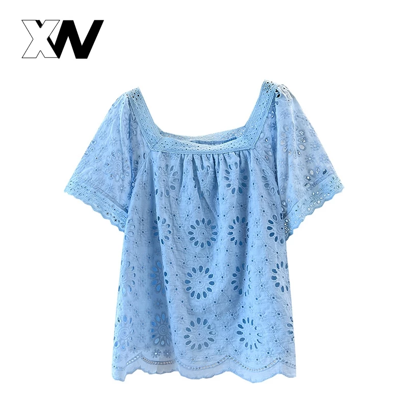 เสื้อเบลาส์ แขนสั้น สำหรับผู้หญิง ใส่ได้หลากหลายโอกาส ดีเทลแต่งขอบลูกไม้ ลายผ้าฉลุ ดีไซน์ระบายอากาศได้ดี ใส่ได้ในฤดูร้อน