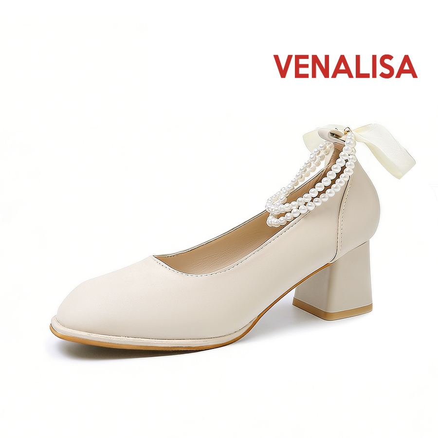 Venalisa รองเท้าแตะส้นสูงผู้หญิง หนังแท้ รองเท้าส้นเข็มหัวแหลม 3 นิ้ว ความสง่างามแบบย้อนยุค