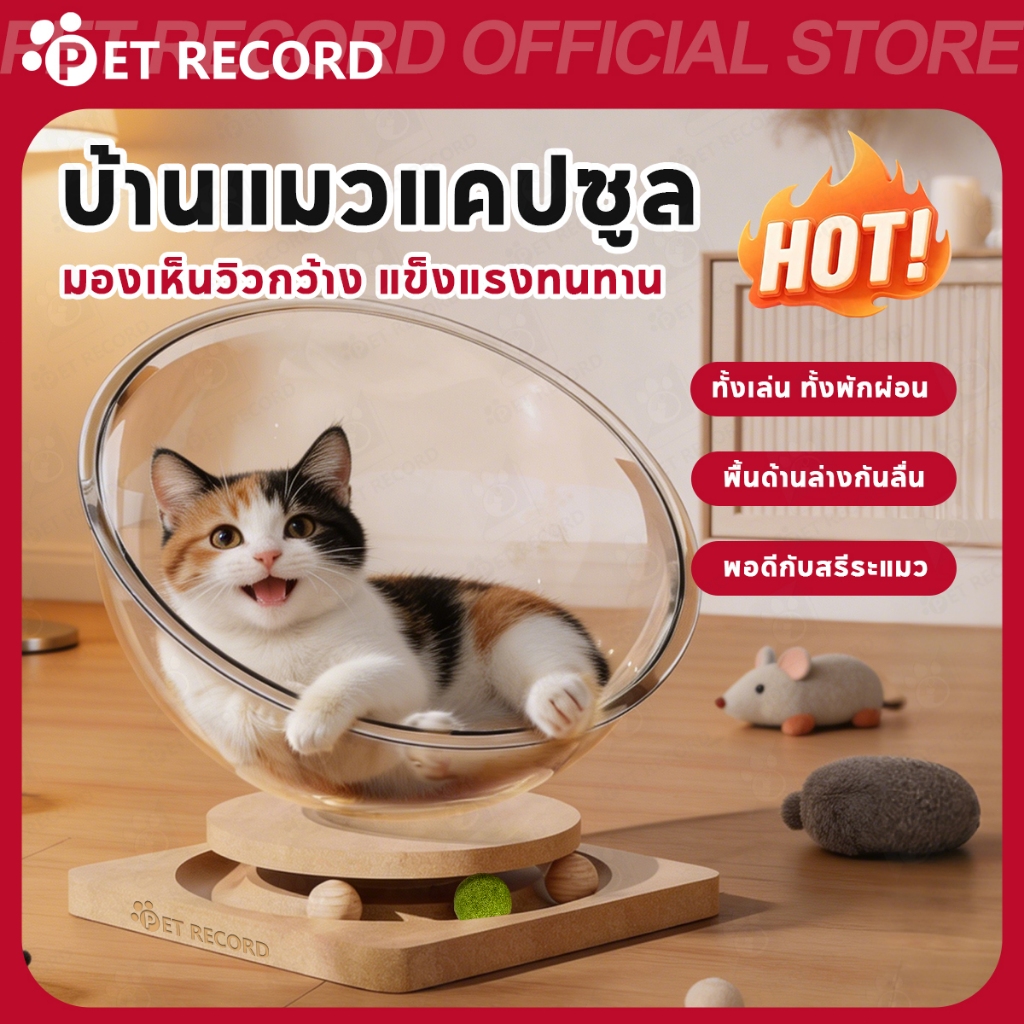 【PET RECORD】🔥 ที่นอนแมวแคปซูลอวกาศ โดมใสอะคริลิก ฐานไม้แข็งแรง นอนเล่นได้ สำหรับแมวทุกขนาด